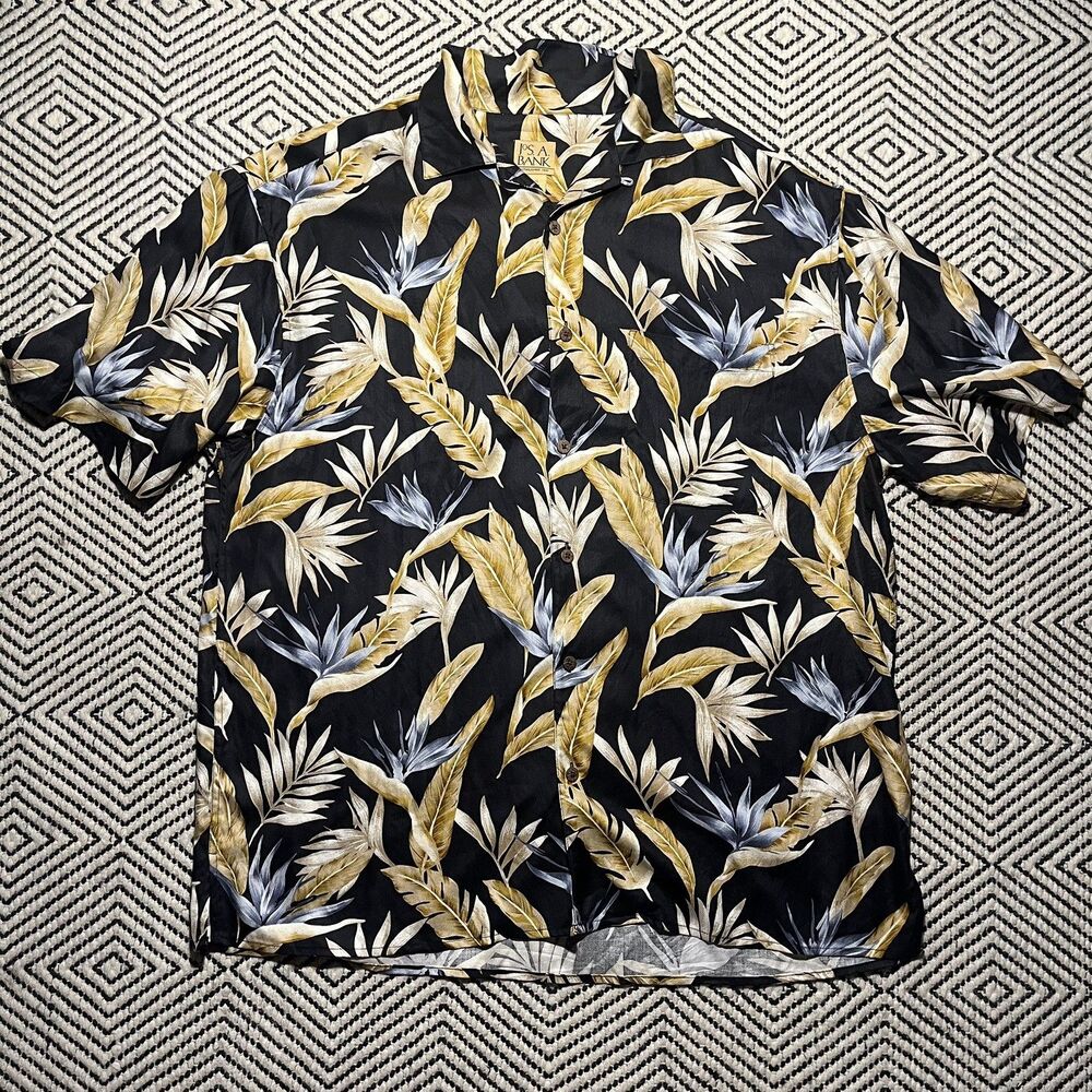 100% Silk Mens Hawaiian Short Sleeve Button Shirt XL Black Tropical Vacation